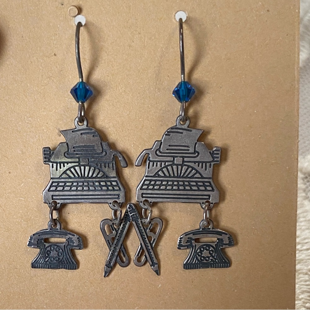 Sterling Silver Typewriter Phone Scissors Dangle Earrings Blue Crystal Accent